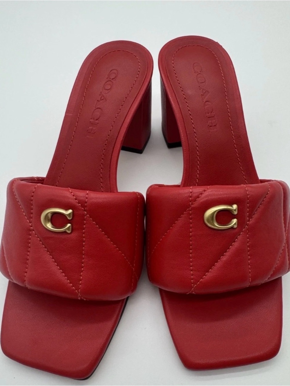COACH Red Quilted Leather Block Heel Slide Sandals 5.5